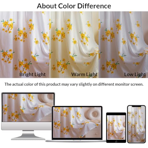 Image of HOMEMONDE Cotton Sheer Curtains for Window Sun Light Filtering Linen Textured Curtain Single Piece, Yellow Flower Printed, Hangs with Eyelets - (L 5FT x W 4.5FT)