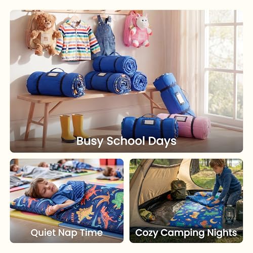 Image of JOIEDOMI Toddler Sleeping Bag for Kids 55''x30'' Nap Mat with Removable Pillow and Minky Blanket for Toddler Ages 3-7 Roll Up Soft Kids Sleeping Bag for Boys Girls Kindergarten Daycare Sleepover
