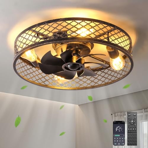 Photo 1 of 19.6" Caged Ceiling Fans with Lights and Remote Small Low Profile Ceiling Fan with Light Flush Mount Farmhouse Ceiling Fan Lighting Fixture for Bedroom 6 Speeds Reversible (Black)