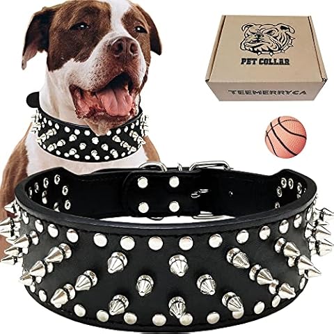 teemerryca Sturdy Wide Black PU Leather Silver Spiked Dog Collars with a Squeak Ball for Medium Large Breed Boy Pet, Pit Bulls/Bulldog/Boxer/Doberman, Protect Dog's Neck from Attack, M(19"-21.8") Cover