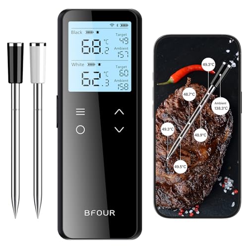 BFOUR Wi-Fi & Bluetooth Meat Thermometer Smart Standalone Base 100% Waterproof Grill Thermometer with 2 Probes Dual Temperature Monitoring for Grill Oven Roast
