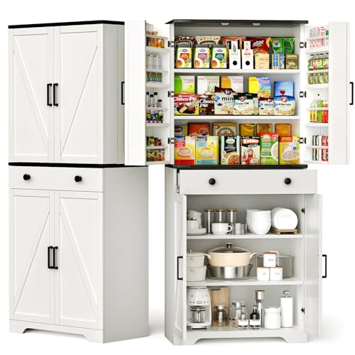 Teekyooly Armario de despensa de cocina de granja de 72 pulgadas de alto, armario de almacenamiento grande con 6 estantes ajustables, 4 puertas de granero y cajón para baño, comedor, color blanco roto