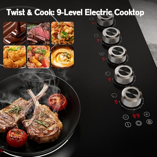 Image of 36 Inch Electric Cooktop 5 burner Karienvir, 8900W Built-in Electric Stove Top, Cooktop 36 inch with Double-ring Burner, Knob & Touch Control, 9 Power Levels, Timer, Safety Lock, 220V-240V Hard Wire