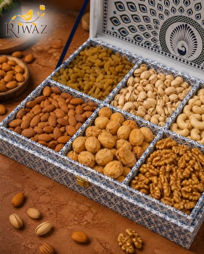 Image of Riwaz Luxury Mor Pankh Dry Fruit Gift Box | 6-in-1 Premium Hamper with Almonds, Cashews, Pistachios, Walnuts, Raisins & Khumani | Ideal for Corporate, Wedding & Festival Gifting (650g)