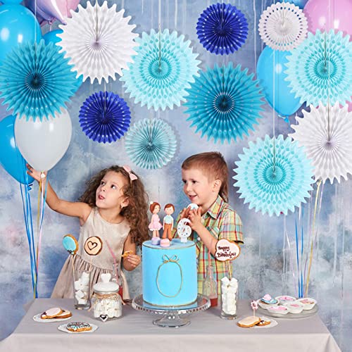 SUNBEAUTY Blue White Hanging Paper Fans 11 Pcs Mamma Mia Party Decorations for Under the Sea, Birthday, Baby Shower, Wedding