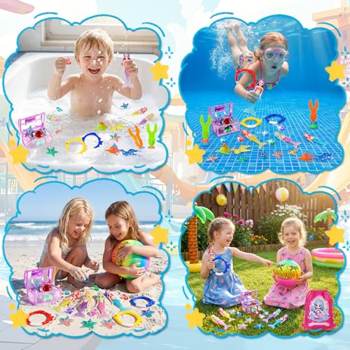 Image of DRAMATION 25 PCS Pool Diving Toys for Kids Ages 3-12 | Mermaid Pool Toys, Dive Toys with Diving Gems and Treasure Chest, Diving Rings, Storage Bag, Water Toys for Boys and Girl
