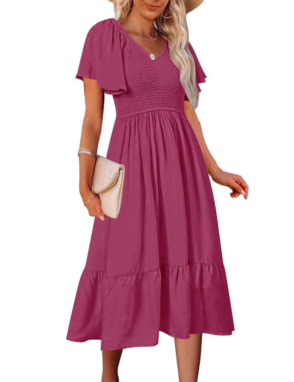 MEROKEETY Women's Summer Casual V Neck Ruffle Sleeve Smocked High Waist Midi Dress with Pockets