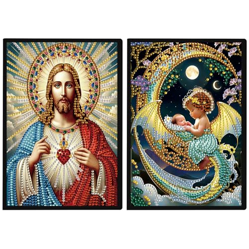JISHSHAY 2 PCS Diamond Art Notebook Journal Diamond Painting Note Book Gem Art Sketchbook Gem Painting A5 Notebook Mosaic Kits for Adults Diary Special Shaped 14.5×21cm/5.7×8.26in Jesus Angel