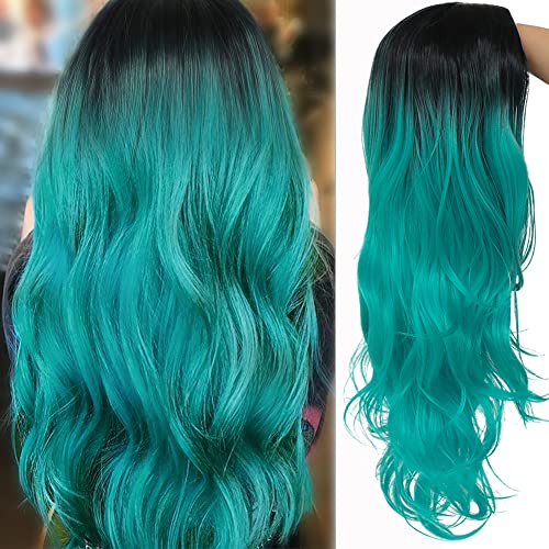 Image of Swiking Curly Ombre Bluish Green Wigs for Women Long Wavy Natural Middle Part Dark Roots Blue Wave Hair Wigs Synthetic Wig for Party Cospaly Halloween