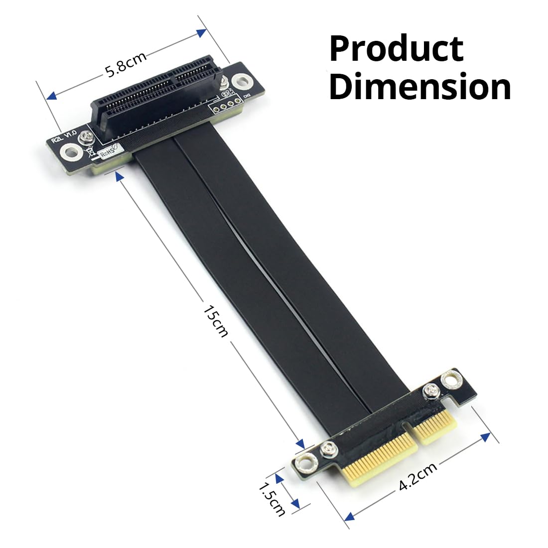 10Gtek PCIe 3.0 Riser Extension Cable, X4 to X4, M to F, Straight to 90°, Cable Length 15cm, P322MF1515
