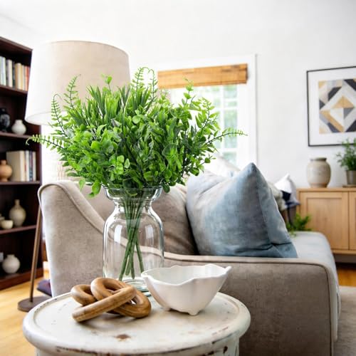 Image of Fake Outdoor Greenery Fake Green Plant Plastic Faux Greenery Stems 24PCS | UV Resistant Mixed Fern Boxwood Monkey Grass for Outdoor Planter Window Box Kitchen Home Decor Indoor