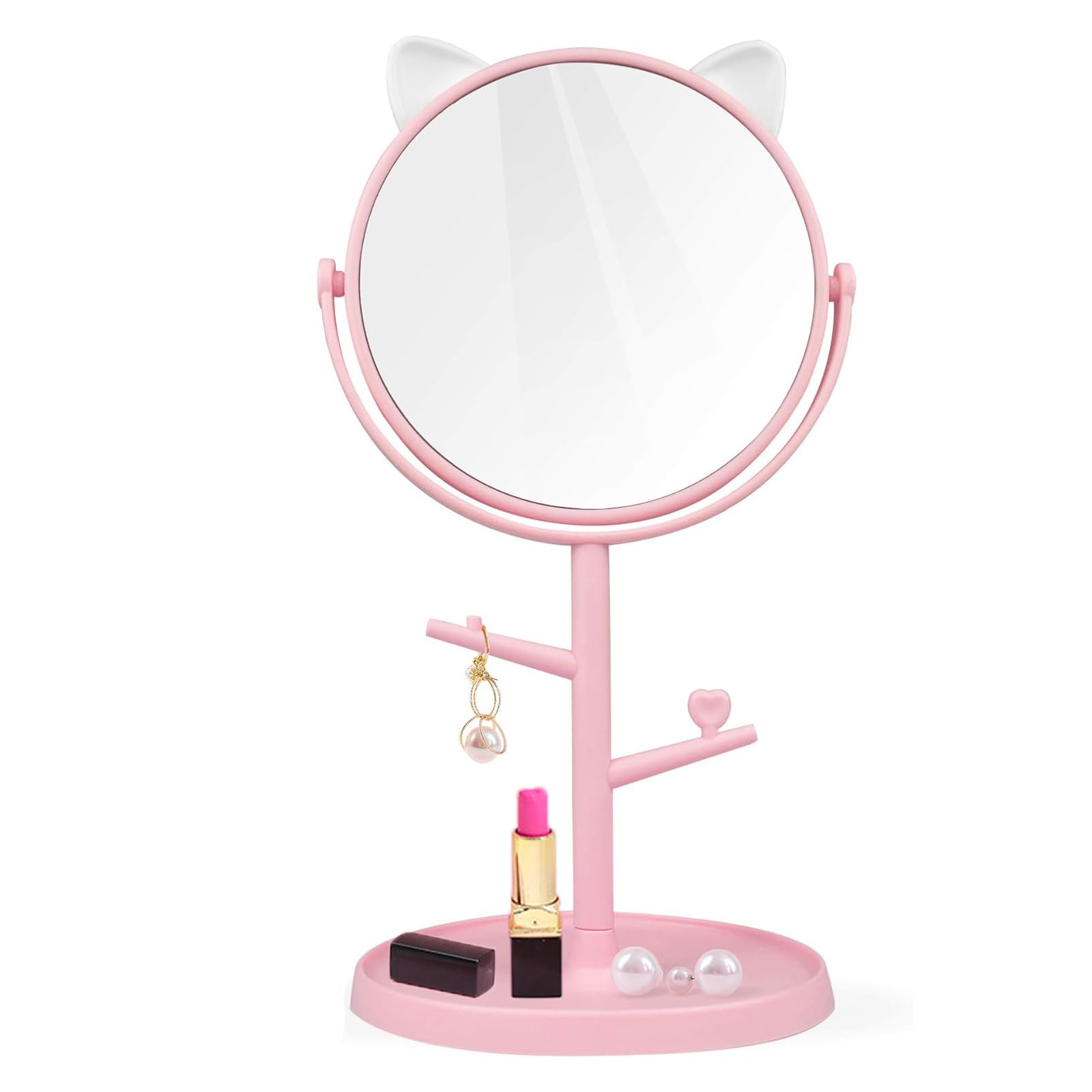 Espejo de Maquillaje, Espejo de Maquillaje de Escritorio Lindo de Moda, Espejo Cosmético Giratorio para el Hogar con Bandeja, Espejo de Tocador de Mesa para Viajes(Orejas de gato rosa)