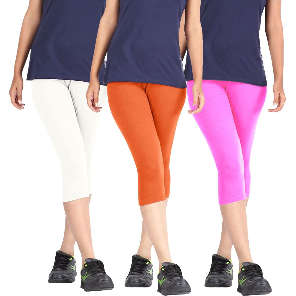 Biowashed Cotton Stretchable Capri Legging Combo Pack of 3 for Women/Girls/Ladies (White, Orange and Baby Pink) - Free Size-picture-22