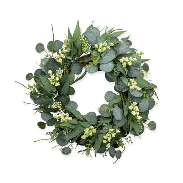   22-Inch-Artificial-Green-Eucalyptus-Wreath-All-Season-Wreaths-for-Front-Door-with-White-Berries-Spring-Summer-Fall-Winter-Decor-for-Porch-Wall-Farmhouse