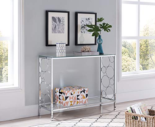 Chrome Finish Glass 2-Tier Contemporary Console Sofa Table with Lower Shelf and Circle Designs