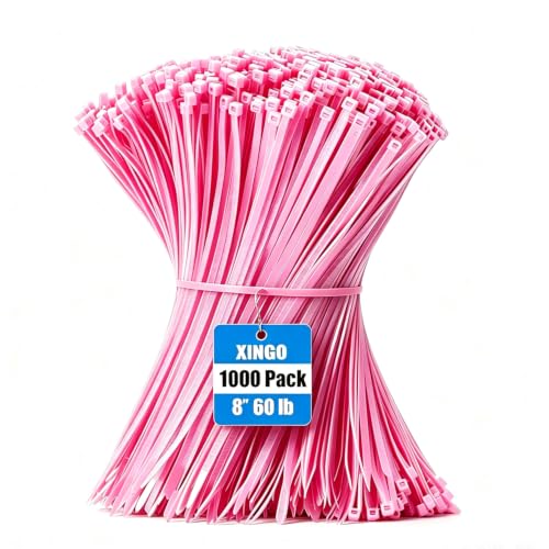 Image of XINGO 1000 PCS Pink Zip Ties 8 Inch, 60 LBS Tensile Strength, Self-Locking Nylon Plastic Nylon PA66 Wire Ties for Indoor and Outdoor Use