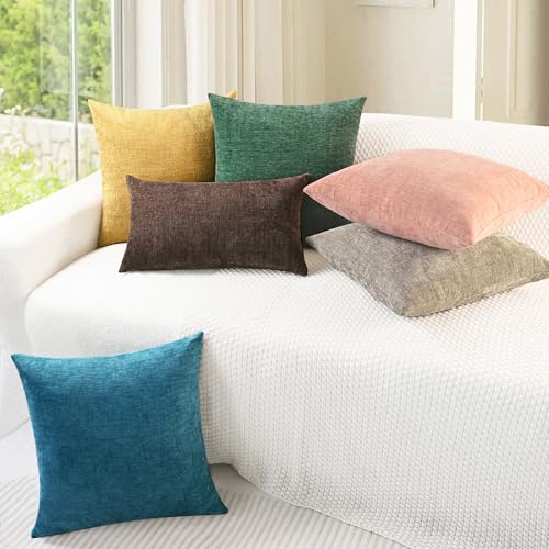 Image of CaliTime Throw Pillow Covers Decorative 24 X 24 Inches Pack of 2 Cozy Chenille Cushion Case for Couch Sofa Bed Living Room Home Light Taupe