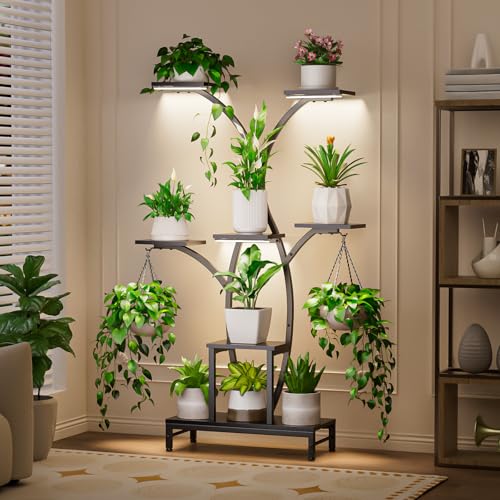 Image of Plant Stand Indoor with Grow Lights - 7 Tiered Metal Corner Shelf for Multiple Plants, 63.4 inch Corner Plant Stand for Indoor Plants, Tree-Shaped Plant Rack for Home, Living Room, Office & Patio Decor