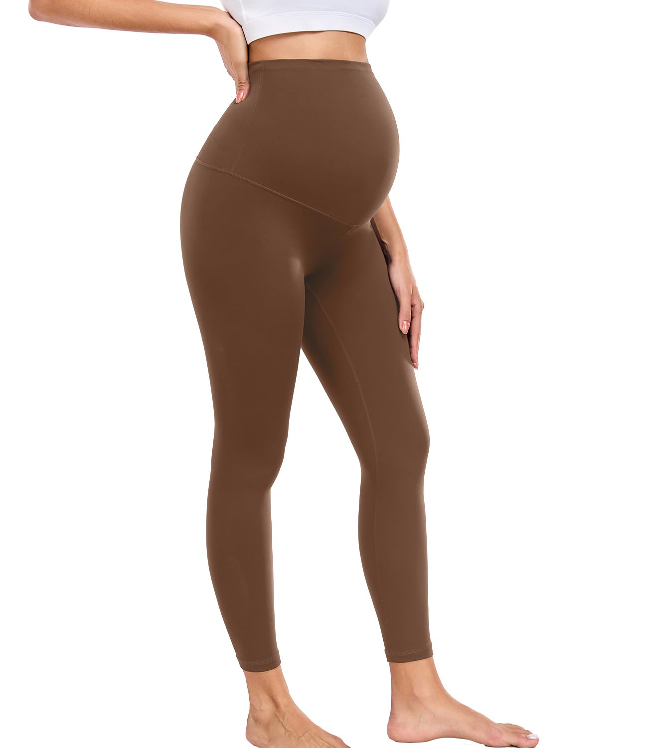 Wirarpa Women's Brown Maternity Leggings Over Bump 25" Workout Leggings Pregnancy Soft Belly Support Yoga Pants Size Large