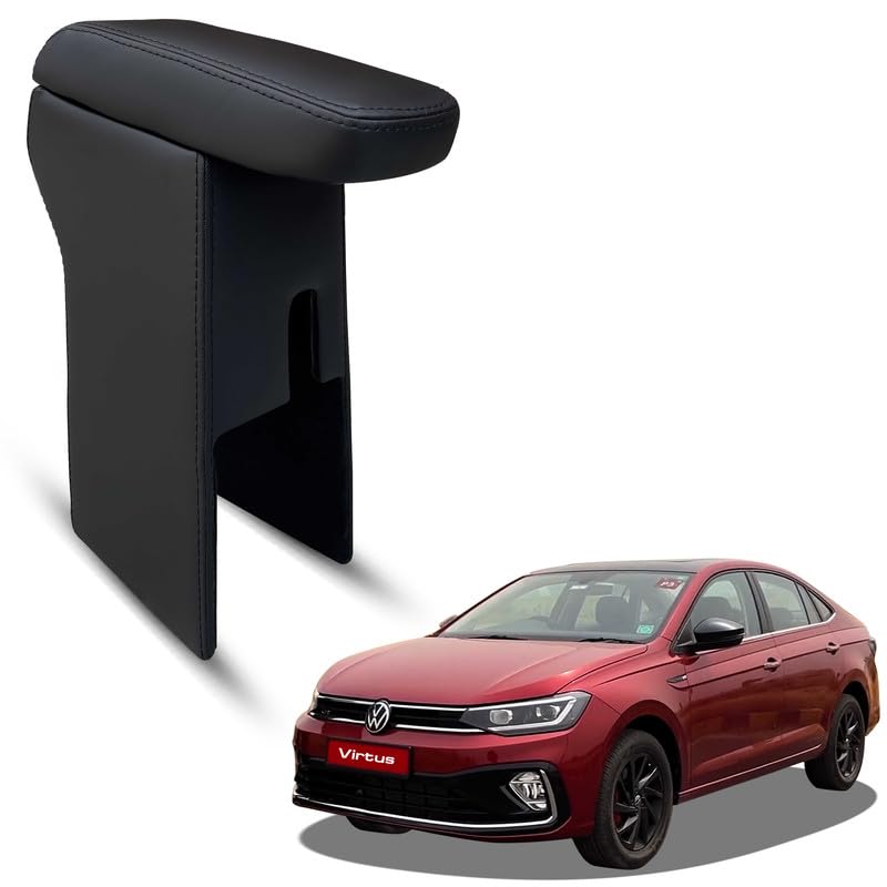 Image of Carigiri Premium Finish Car Armrest with Storage Box And High Density Moulded Foam For Volkswagen Virtus (Black With Black Seam,Nappa Leatherette)
