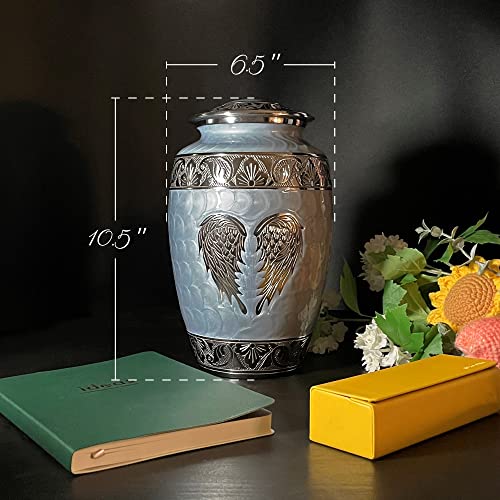 Image of Cremation Urns for Human Ashes Adult Female and Male - Decorative Large Burial Funeral Urn with Angel Wings Design, Sky Blue