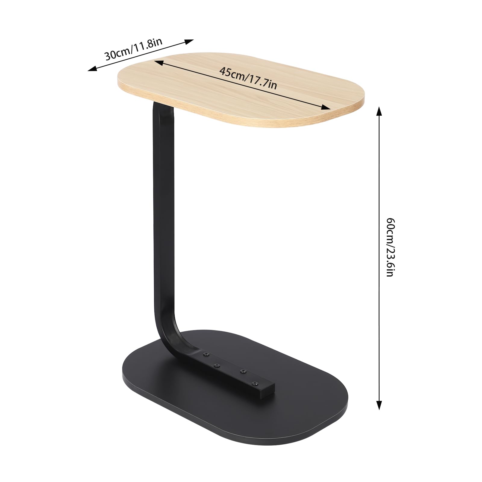 Stolik pomocniczy w kształcie litery C, mały stolik kawowy, stolik kawowy, do salonu, sypialni, rozmiar górnej płyty 45 x 30 cm (kolor dziennika + czarny, wysokość bez regulacji)