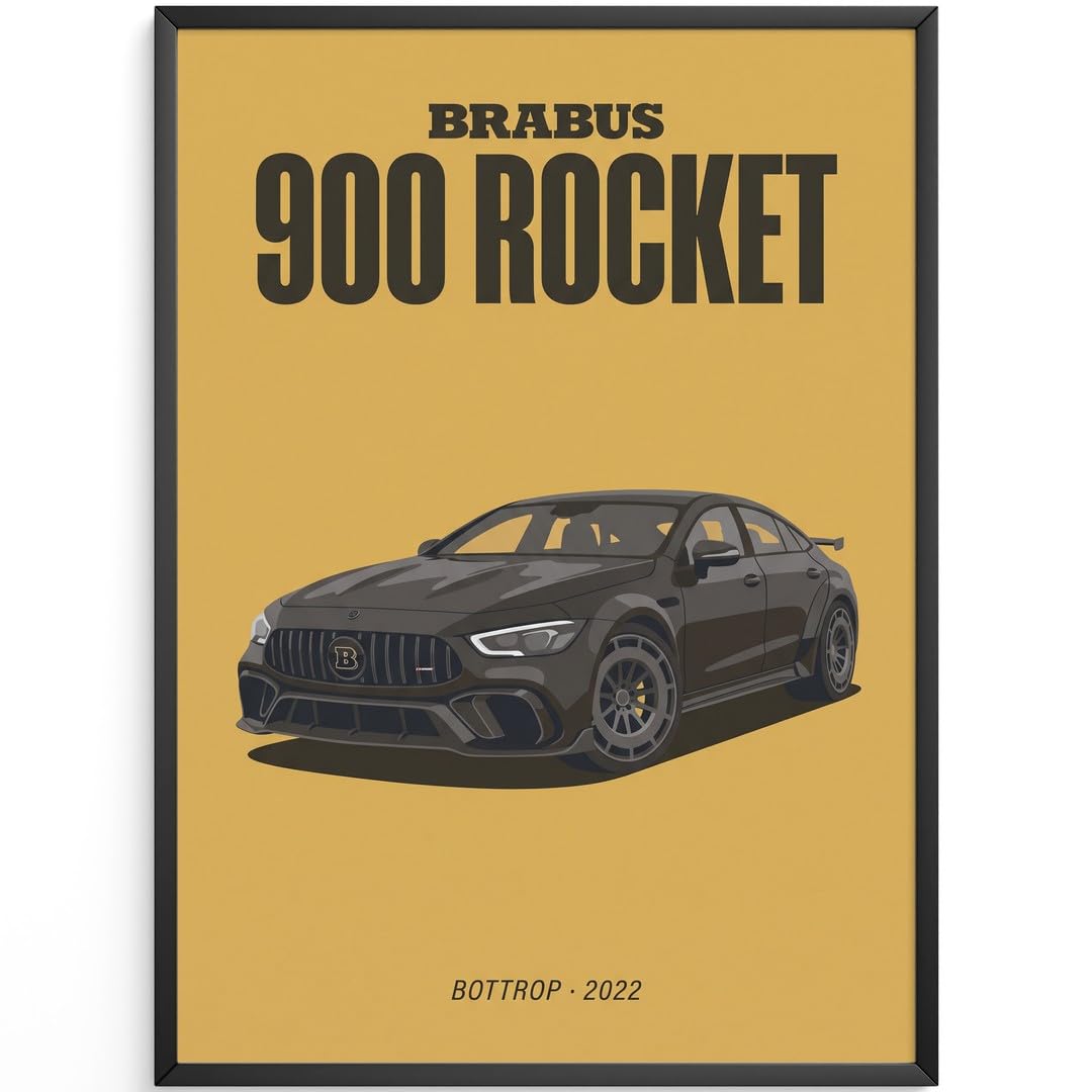 MJ-GRAPHICS® Poster Brabus Kunstdruck Auto 900 Rocket Wandbild sportlich Bilder dunkelgelb Schwarz Deko Büro modern A2 mit braunem Rahmen