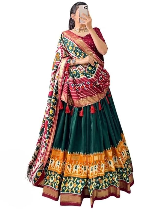 Women’s Trending Designeer Tussar Silk Lehenga Choli Print with Foil Work With Unstitched Blouse Patola Print Adorned with Foil Work For Navrati || Wedding