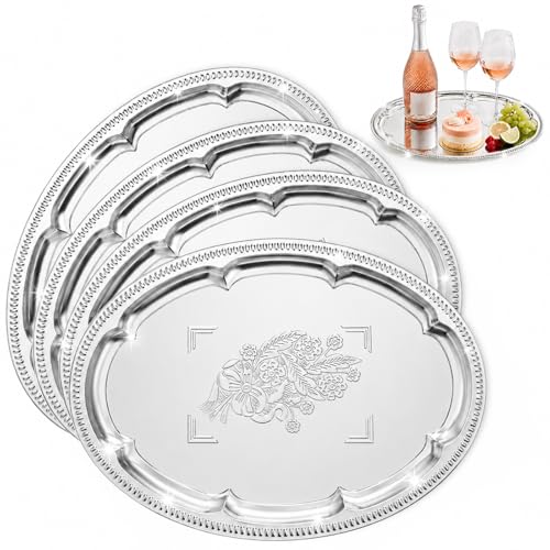 4 Pack Large Silver Serving Trays Set, Tableware Platters for Whiskey, Cookies,Snacks, Desserts, Party Food Display (15.7" x 11.8", Oval)