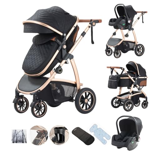Kakbgee - Cochecito combinado 3 en 1, cochecitos con asiento de coche ECE R129, cochecito de paseo ajustable en altura, capazo flexible convertible marco de aluminio para recién nacidos 0-4 años