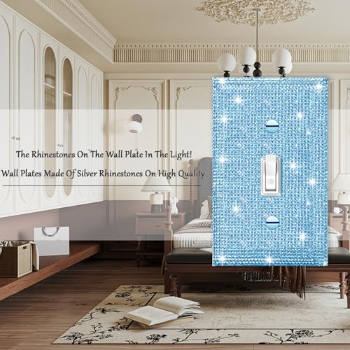 Image of 2 Pcs Shiny Silver Blue Rhinestones Wall Plates Switch Plate Covers Decorative Light Switch Cover Single Toggle Rhinestones Outlet Covers Wall Plate