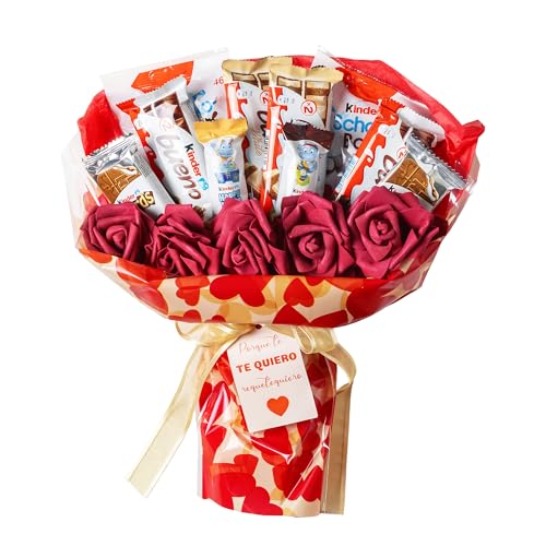 Onza Ramo de Chocolates para regalar. Chocolatinas Kinder Bueno, Schokobons, Happy Hippo, Kinder Mini, Cards. Incluye Rosas decorativas para Regalo de San Valentín Original, Regalos Pareja.