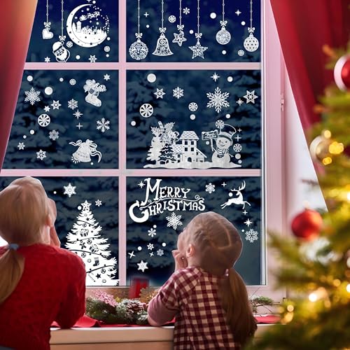 Image of AhfuLife Christmas Window Clings, 202 PCS Reusable Christmas Window Stickers for Glass, 9 Sheets Double Sided Snowflake Xmas Trees Stickers for Xmas Party