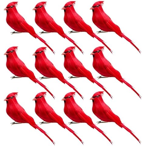 Artificial Red Birds Cardinal Bird Clip on Christmas Tree Ornaments 5.5 Inch with Feathers for Wreath Crafts DIY Garden Decor (12 PCS) Cover