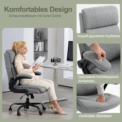 CASTLOVE Ergonomischer Bürostuhl - Schreibtischstuhl mit Rückenlehne - Hochklappbare Armlehne - Hohe Rückenlehne - Höhenverstellbar - Wippfunktion (Bürostuhl Stoff Grau Max. 150 kg)