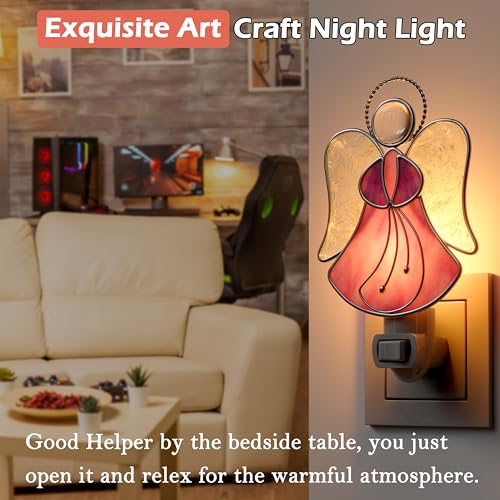 Image of Stained Glass Pink Guardian Angel Night Lights Plug into Wall | Plug in Night Light In Wall Socket Decorative Nightlight for Bedroom Hallway,Mothers Day Gifts for Mom Birthday Christmas