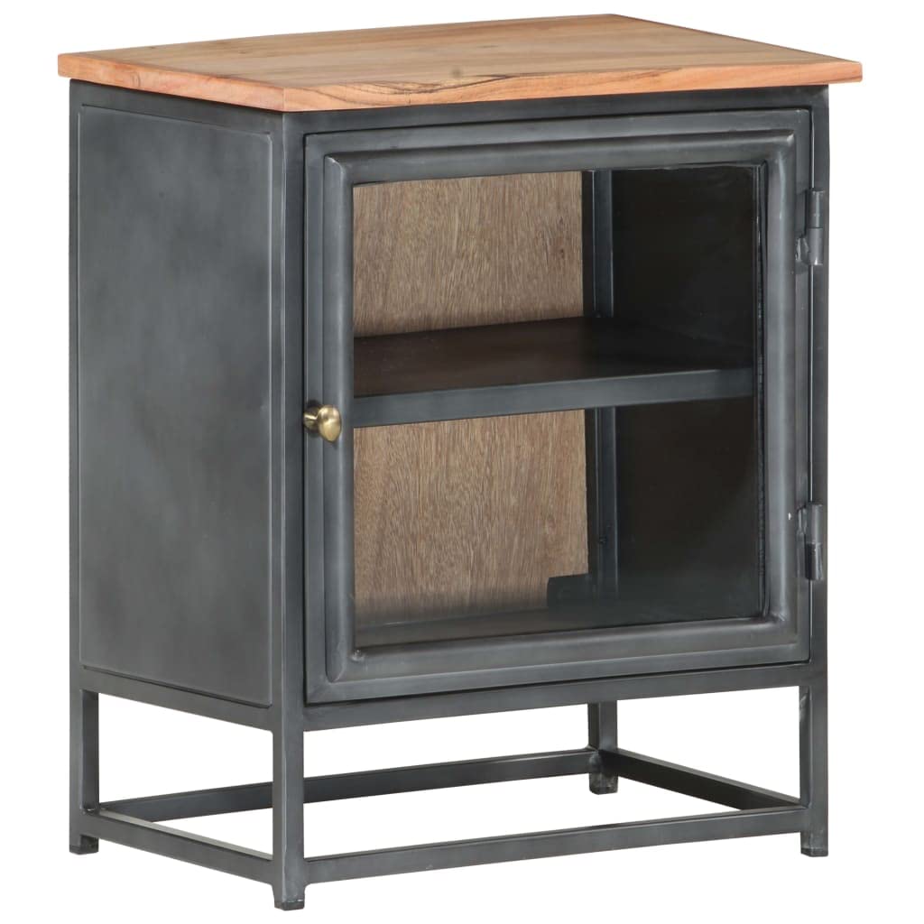 Table de chevet en bois massif gris avec rangement et porte vitrée 50cm