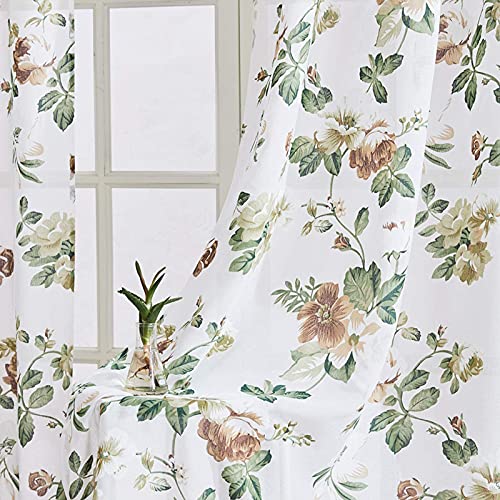 Mrtrees Sheer Curtains Cotton Blend Floral Print Curtain Panels Living Room Bedroom Window Treatment Brown Leaf Flower Printed Rod Pocket Drapes 84 Inch Length, 2 Panels #TOP20