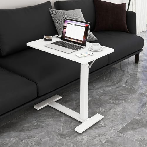 PUNCIA Mesa Auxiliar para Portátil Regulable en Altura 66-100cm Escritorio Elevable de Pie Mesa en Forma de C de Ordenador Estación de Trabajo con Ruedas para Sofá Cama Blanco