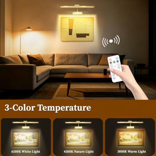 Image of MIOBLUE Picture Light for Wall, 4800mAh Rechargeable Wireless Remote, 15in Dimmable Timer LED Art Display Light with 3 Color Modes for Gallery, Dartboard, Living Room, Bedroom, Hallway-Gold