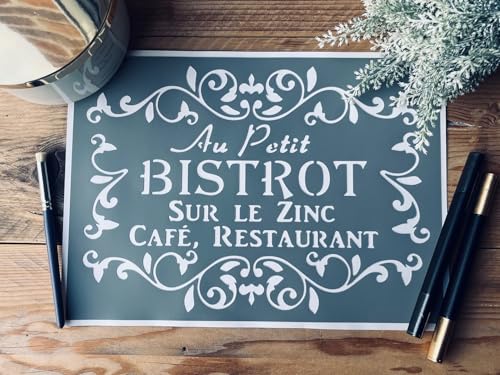 Pochoir Adhésif Affiche Au Petit Bistrot 30x20 Cm – Stencil Vintage Bistro Réutilisable PVC – Pochoir Mural Meuble Bois Tissu DIY Décoration Intérieure...