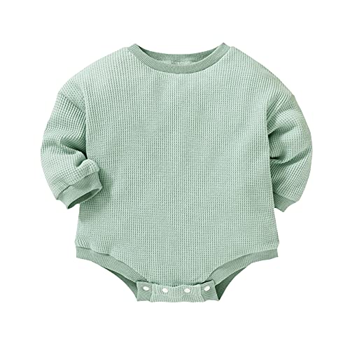 Image of Little MISS Sassy Baby Girl Boy Romper Long Sleeve Oversized Sweatshirts Waffle Knit Sweater Bodysuit Cute Newborn Fall Winter Clothes (Green, 3-6 Months)