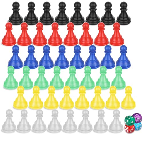52pcs Multicolor Board Game Pieces, Game Pawns Include 48 Chess Pieces and 4 Dices Game Pieces for Board Games Plastic Chess Checkers Game Components Table Marking