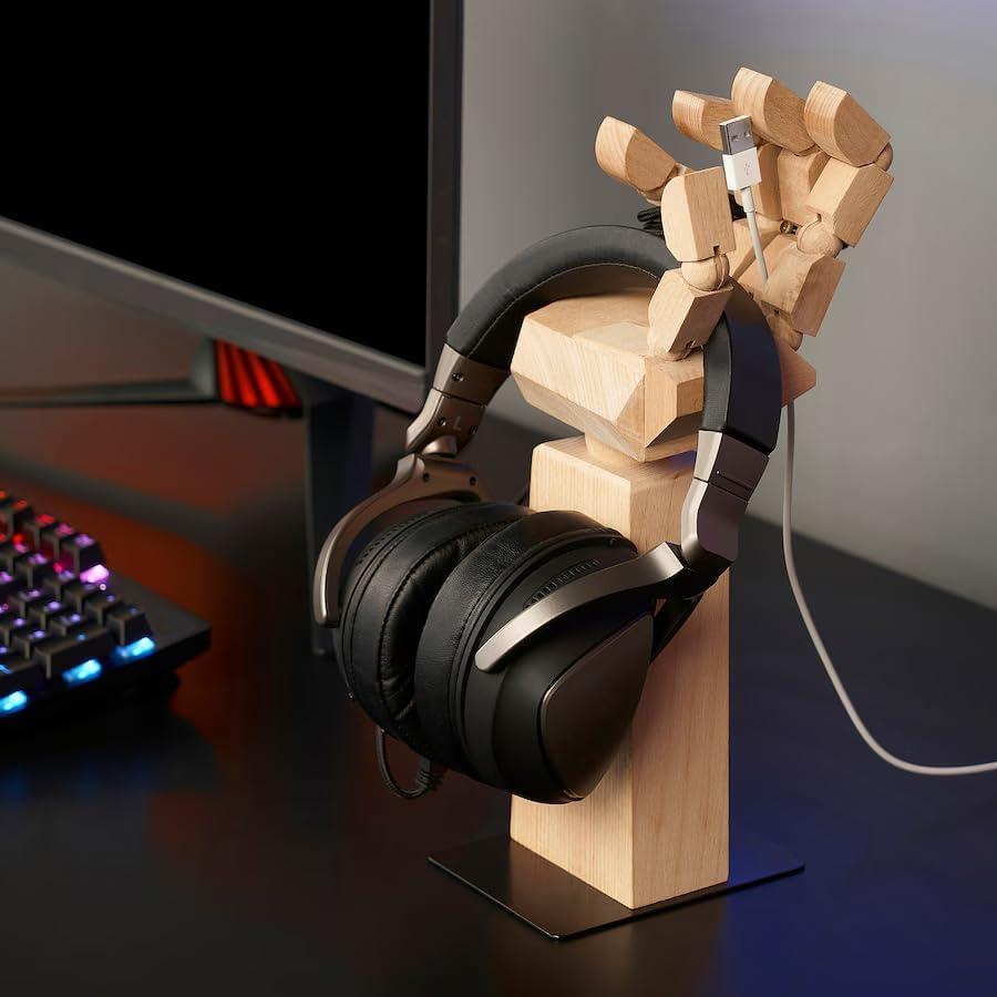 Wooden Hand Headphone Stand, Desktop Accessories Holder with Base, Natural