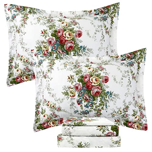 FADFAY Garden Floral Sheet Set Twin Vintage Rose 100% Cotton Hypoallergenic White and Grey Bed Sheets Ultra Soft Girls Princess Romantic Rose Kids Bedroom Deep Pocket Fitted Sheet 4-Pcs