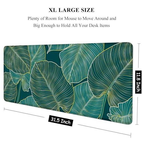 Image of Auhoahsil Desk Pad, XL Extended Large Gaming Mouse Pad 31.5 x 11.8 Inch, Waterproof Mousepad with Stitched Edge, Non-Slip Computer Keyboard Laptop Mat for Women Men Office Work, Teal Tropical Leaves