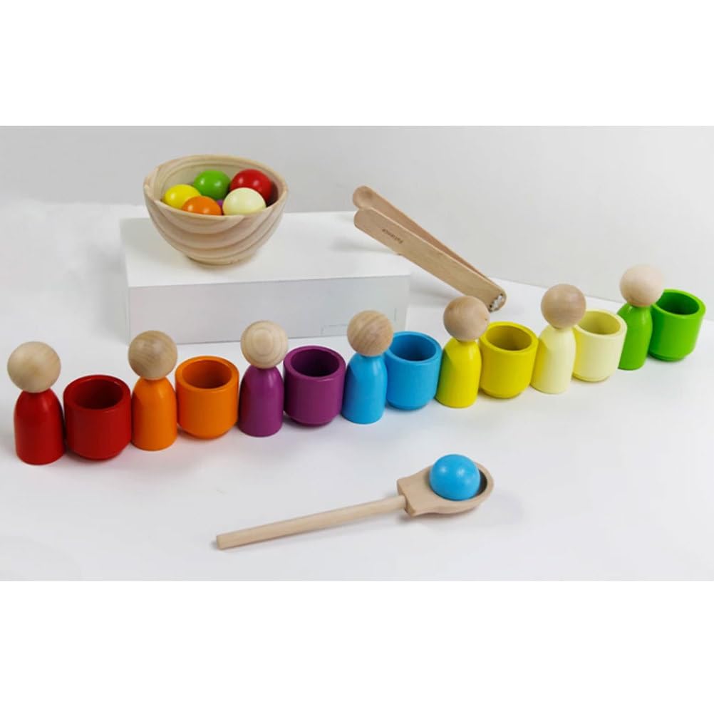 Montessori Holzbogen-Puppen & Farb-Sortierbecher Spielzeug | Farblich passende Holzperlen mit Zange & Löffel, Lernspielzeug für Feinmotorik, Farbenerkennungs-Spiel