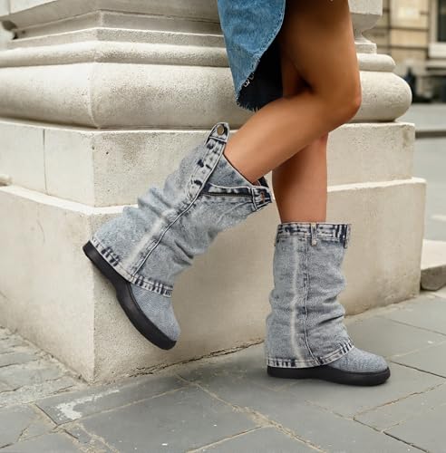 Kalstage Womens Denim Mid Calf Boots Fold Over Slouchy Platform Wedge Booties Vintage Y2k Shark Jean Boots3