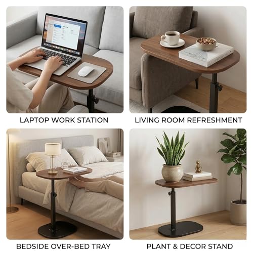 Image of VIRAH Adjustable Height C-Shaped Sofa Side Table - Walnut Color, Heavy-Duty Metal Base, Easy Assembly, Laptop /Tea Tray /Bedside, Living Room, WFH - Space-Saving Multi-Functional End Table.