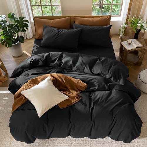 Image of MooMee Duvet Cover Set 100% Washed Cotton Linen Like Oversized Queen | Relaxed Linen-like Texture. Soft, Breathable & Long-lasting Comfort. Lightweight. Hidden Zipper with 8 Interior Corner Ties